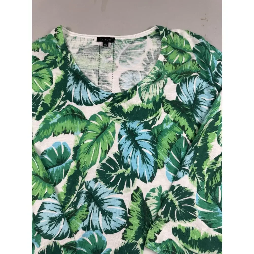 Talbots Women’s XL Tropical Leaf Print Lightweight Sweater Green Blue